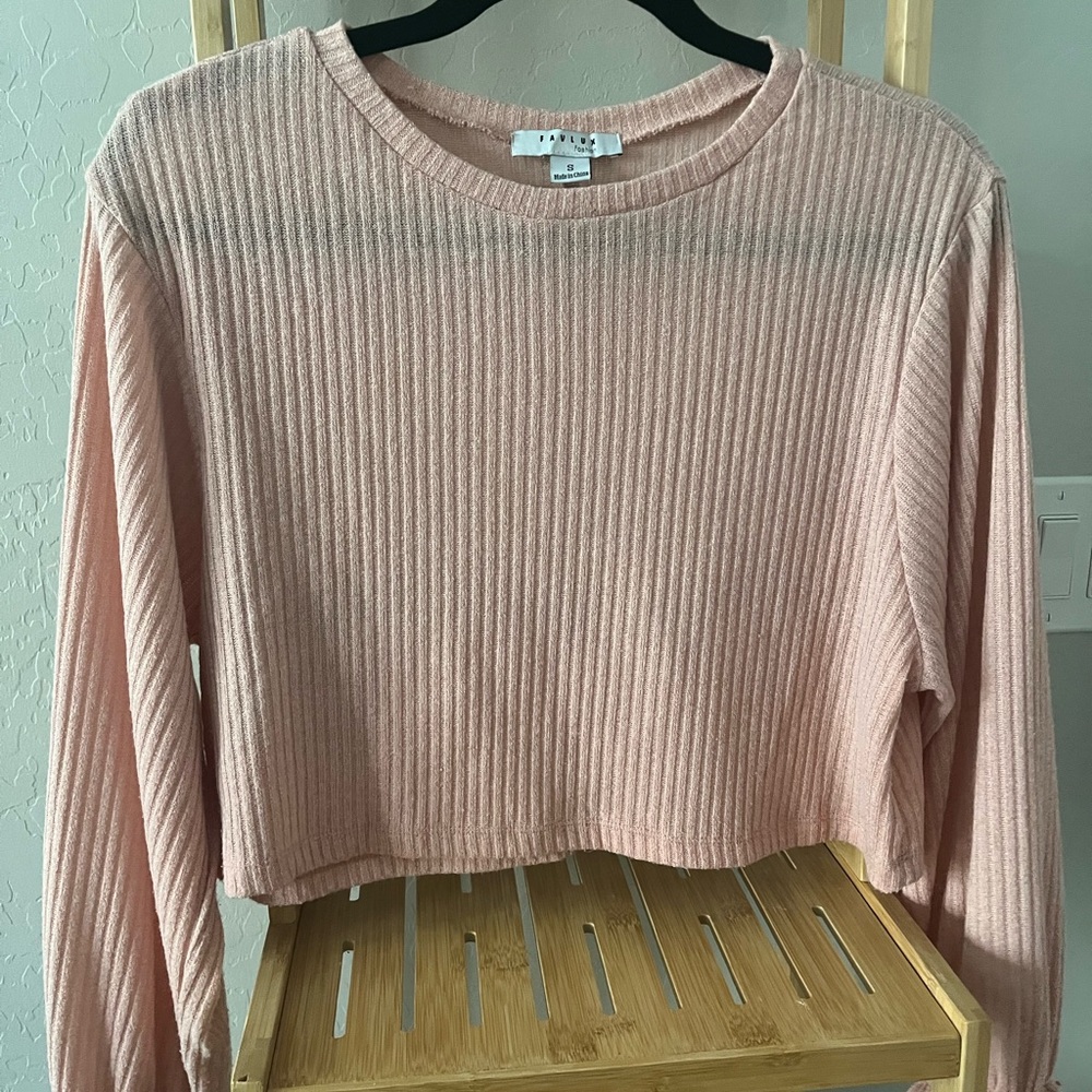 Pink Ribbed Long Sleeve Crop Top